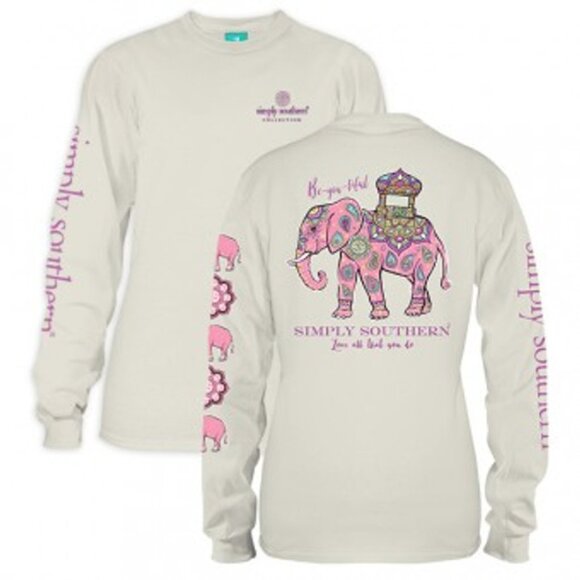 Simply Southern NWT White & Pink Elephant Paisley Long Sleeve Tee Shirt - - Picture 1 of 5
